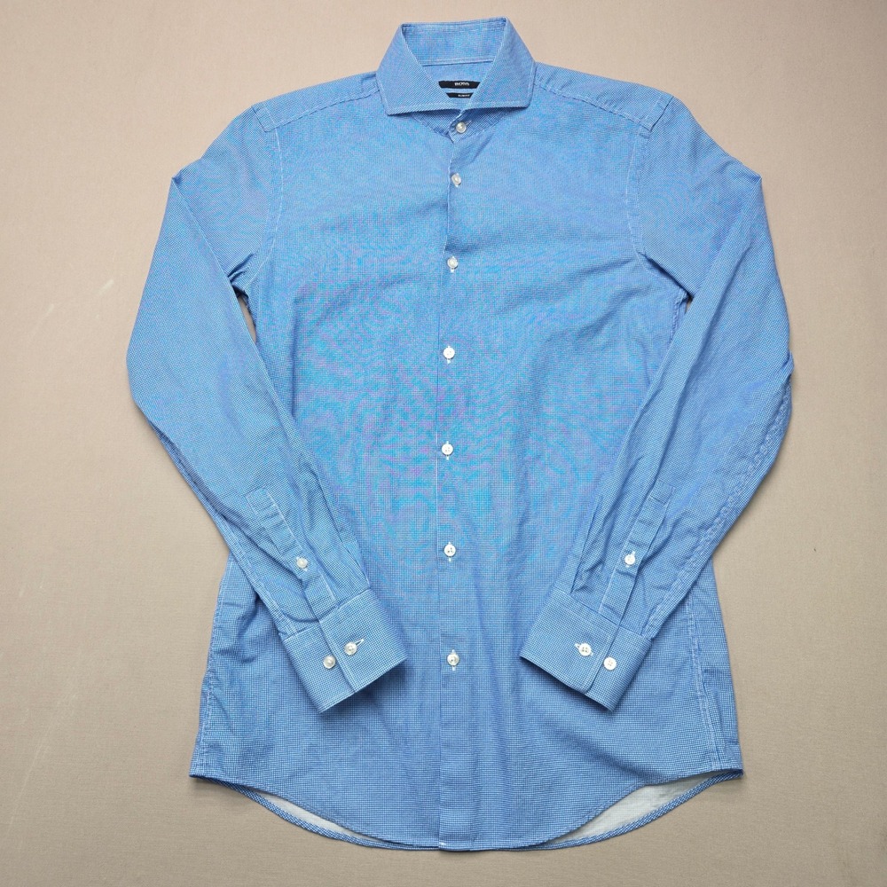 HUGO BOSS Dress Shirt Slim Fit Micro Check Blue Mens Size 15